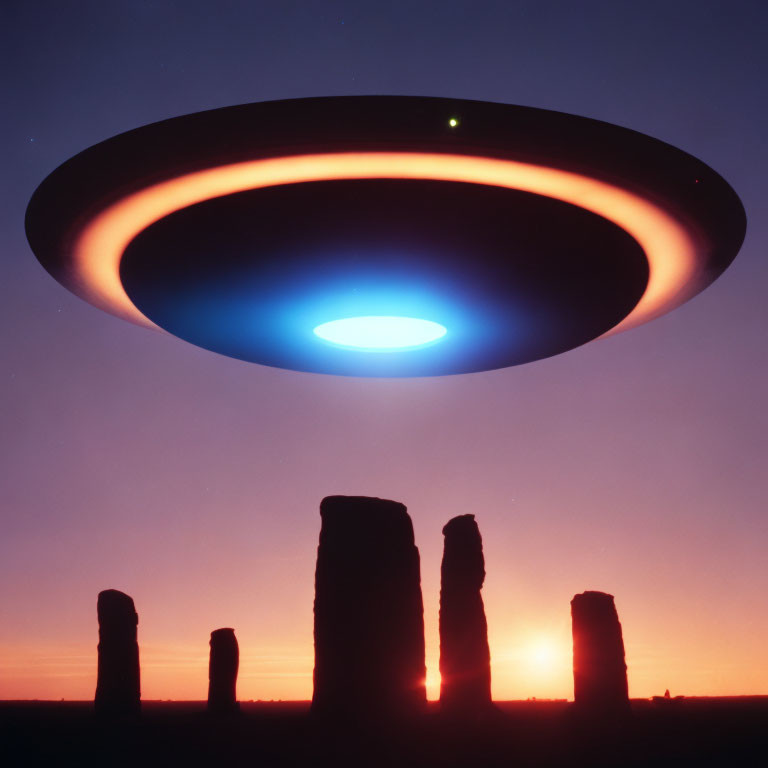 Mysterious UFO hovers above standing stones at sunset