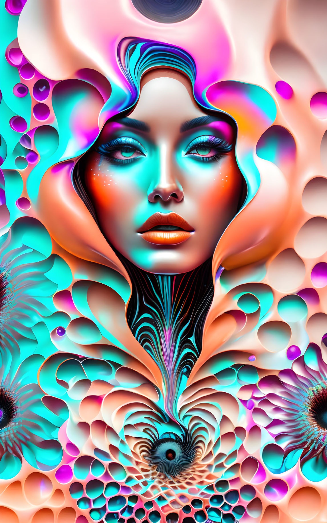 Colorful Digital Art: Woman with Blue Skin and Psychedelic Patterns