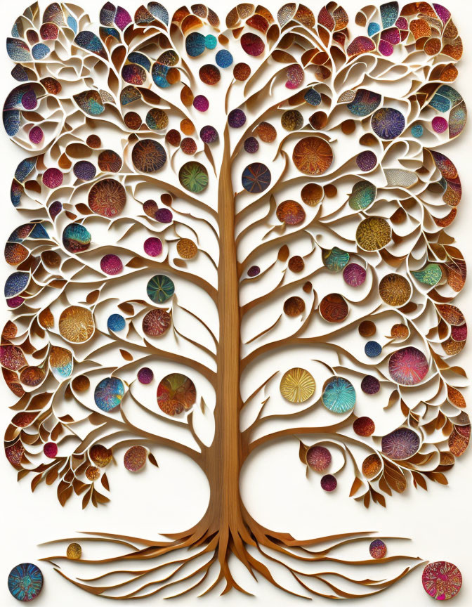 Detailed Paper Art: Tree with Multicolored Leaves & Textured Trunk