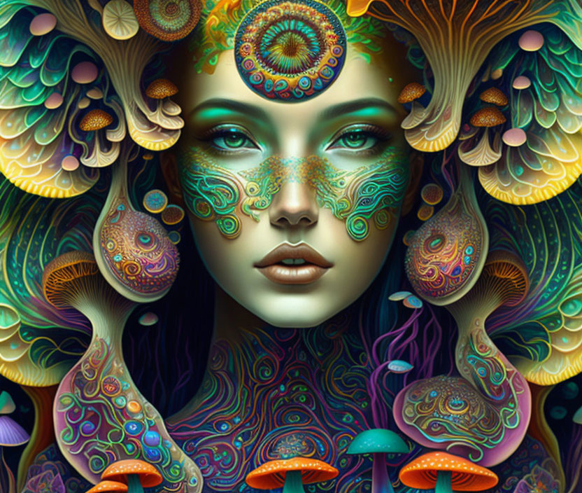 Colorful portrait of a woman with psychedelic patterns and abstract motifs