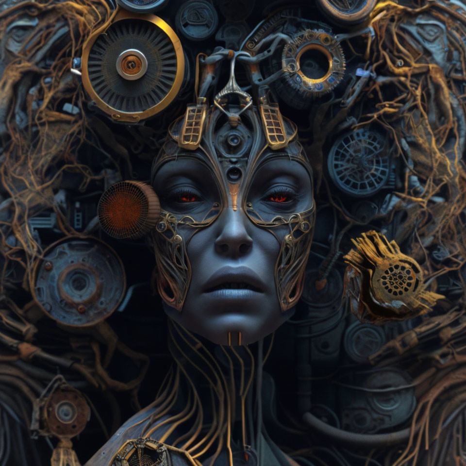 Surreal humanoid face with cybernetic and bronze filigree elements