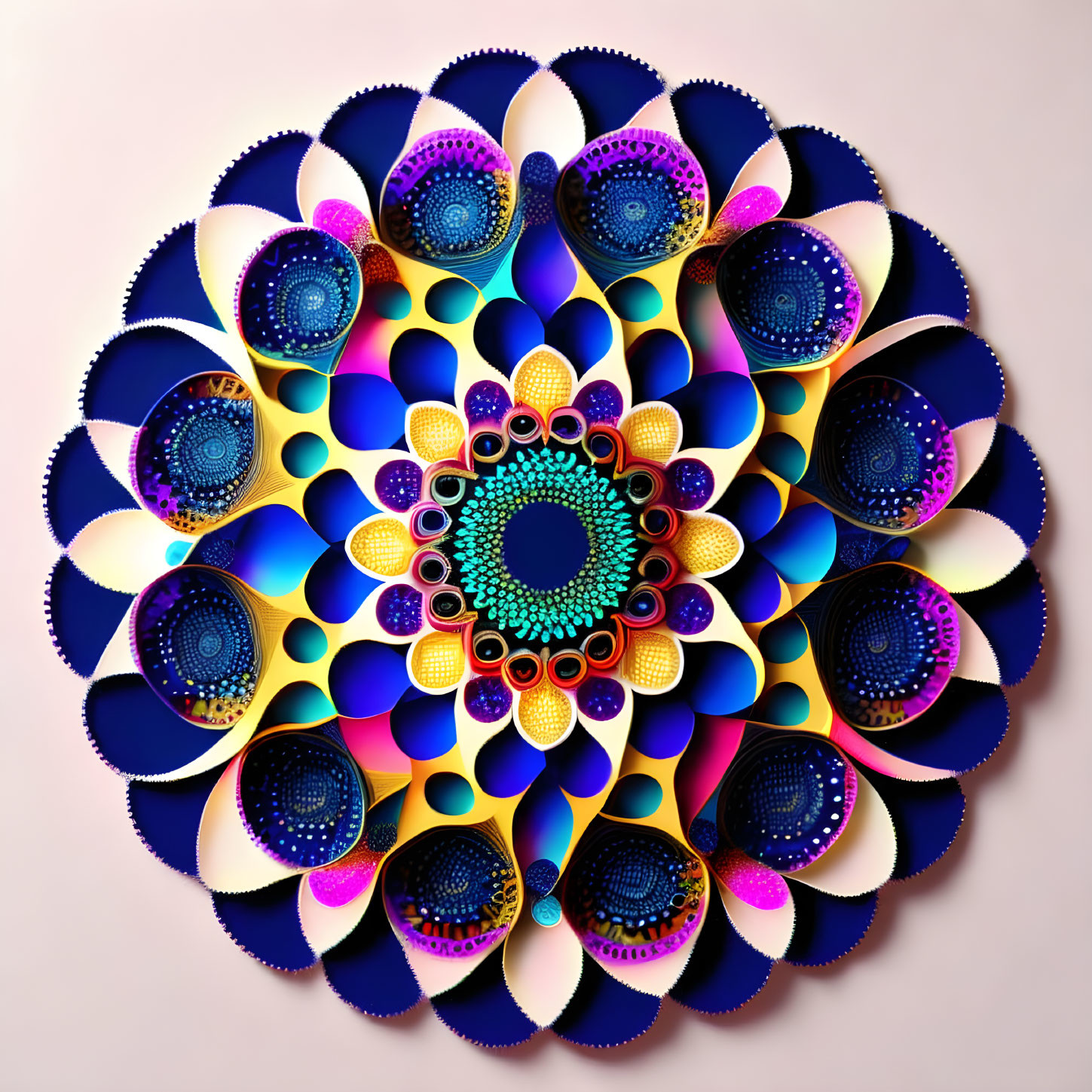 Symmetrical mandala-like pattern with layered circles in blue, purple, and gold