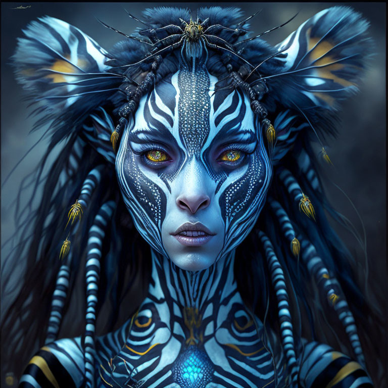 Humanoid Figure with Blue & Black Tiger Stripes, Tribal Beadwork, Yellow Eyes