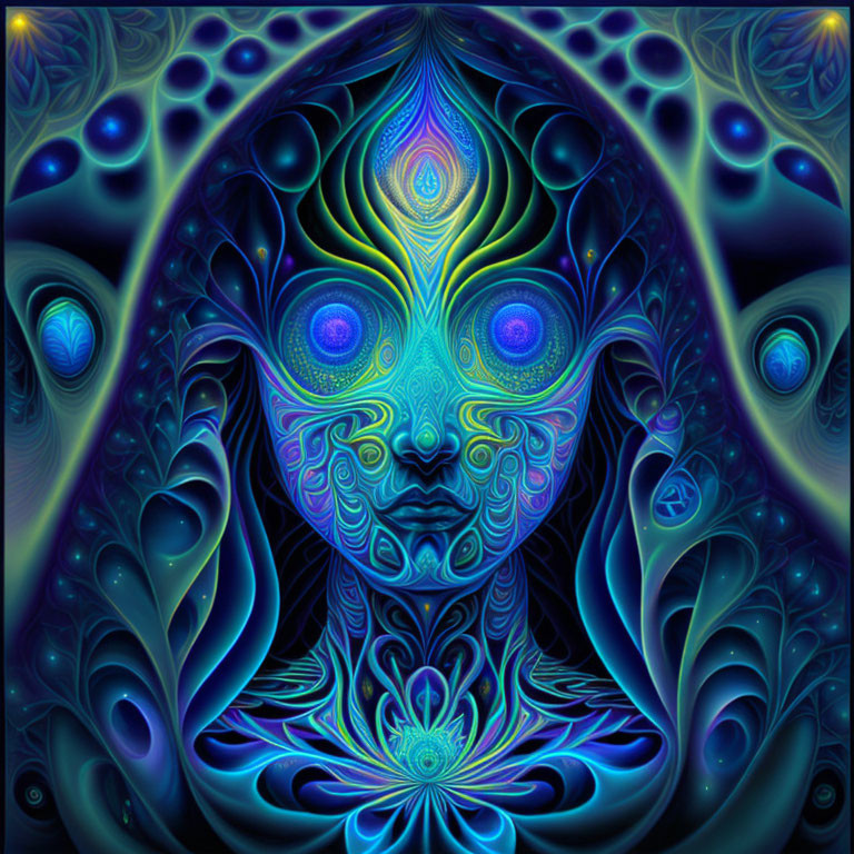 Colorful psychedelic artwork with symmetrical face-like pattern in blue and purple