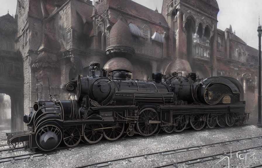 Detailed Drawing of Black Steam Locomotive on Tracks with Old-Timey Station