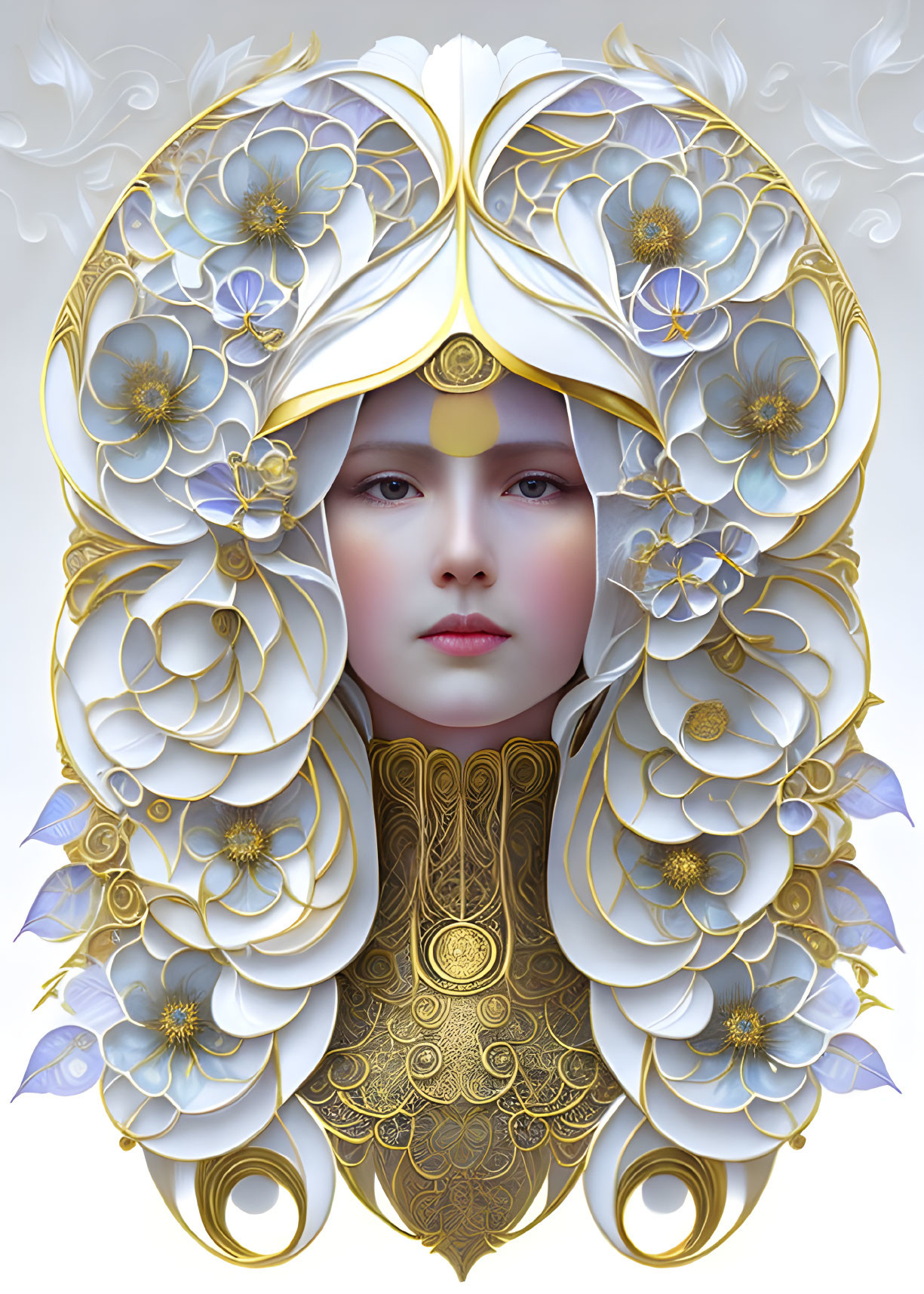 Person with pale face in ornate white flower headdress and gold collar