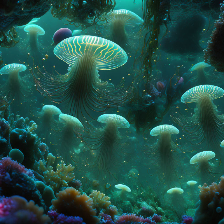 Colorful coral reefs with luminescent jellyfish