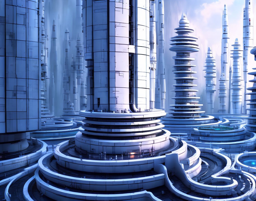 Futuristic white skyscrapers in a high-tech cityscape