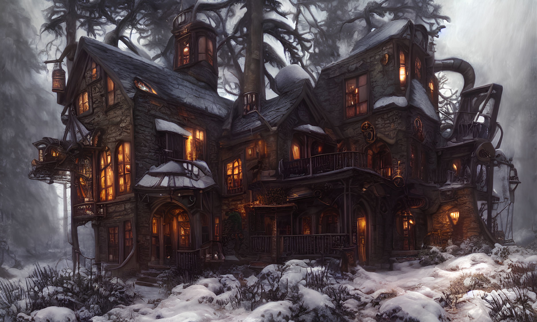 Gothic-style mansion in snowy landscape with warm, lit windows