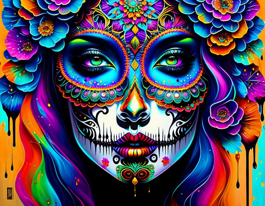 Colorful Floral Sugar Skull Face Art on Black Background