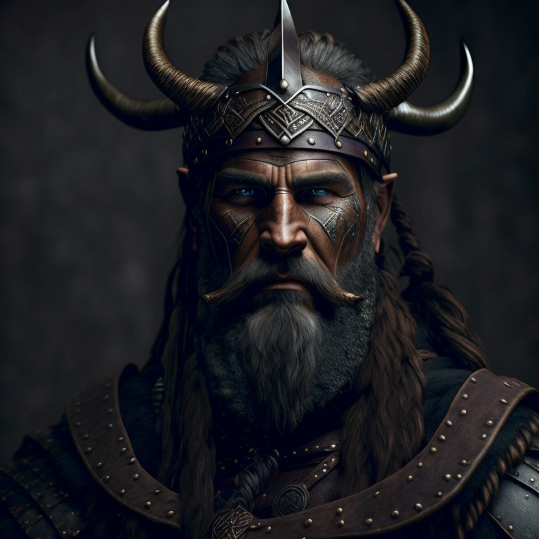 Fantasy warrior with horned helmet, face paint, majestic beard, dark leather armor