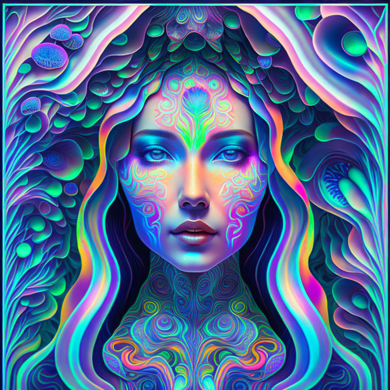 Colorful Psychedelic Portrait of Woman with Neon Patterns