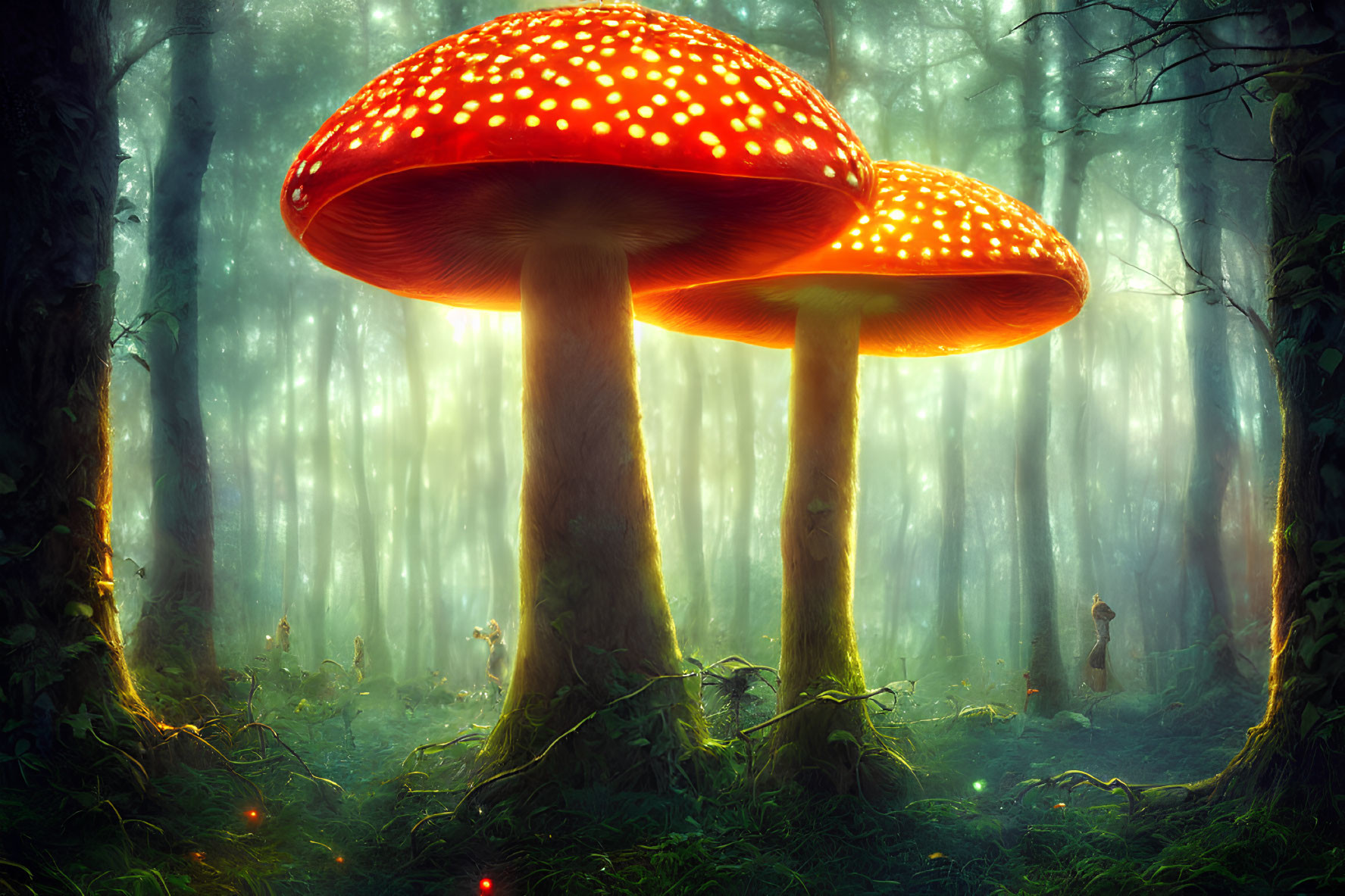 Enchanted forest with glowing mushrooms and mysterious figure