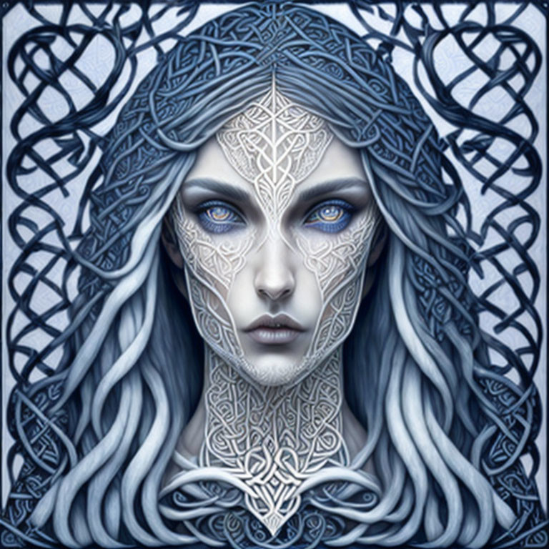 Mystical Woman with Blue Eyes and Celtic Knot Designs