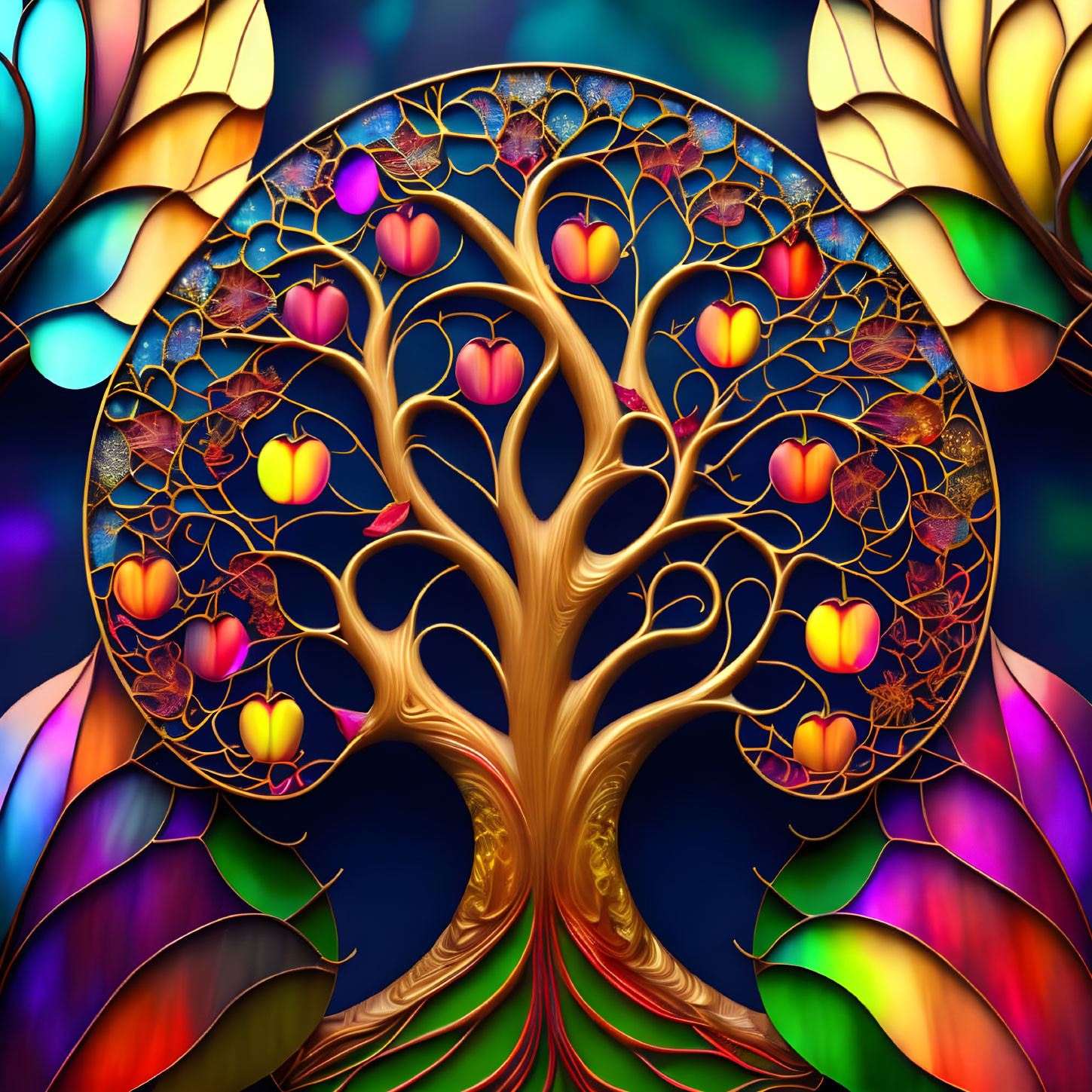 Colorful stained glass artwork of golden tree with red apples in circular frame