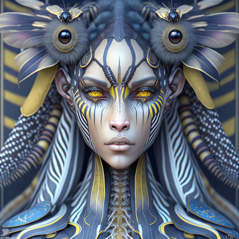 Intricate blue and yellow face paint with feather-like decorations and striking yellow eyes.