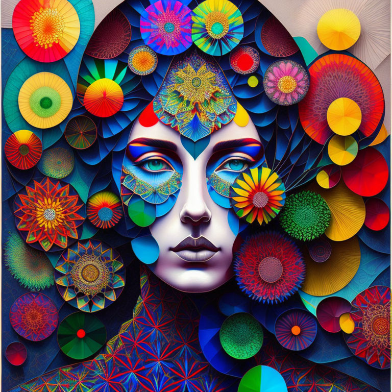 Colorful Abstract Portrait with Female Face and Geometric Patterns