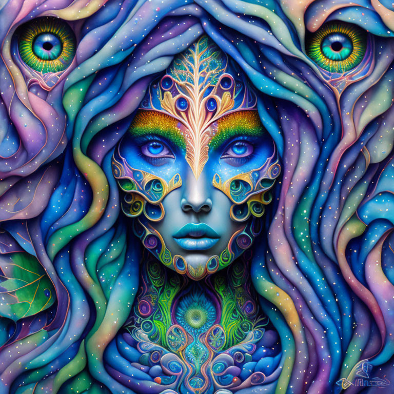 Colorful Psychedelic Portrait with Peacock Feathers and Swirling Patterns