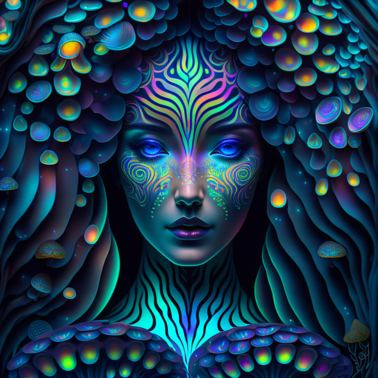 Colorful digital artwork of stylized figure with glowing skin and bubble shapes