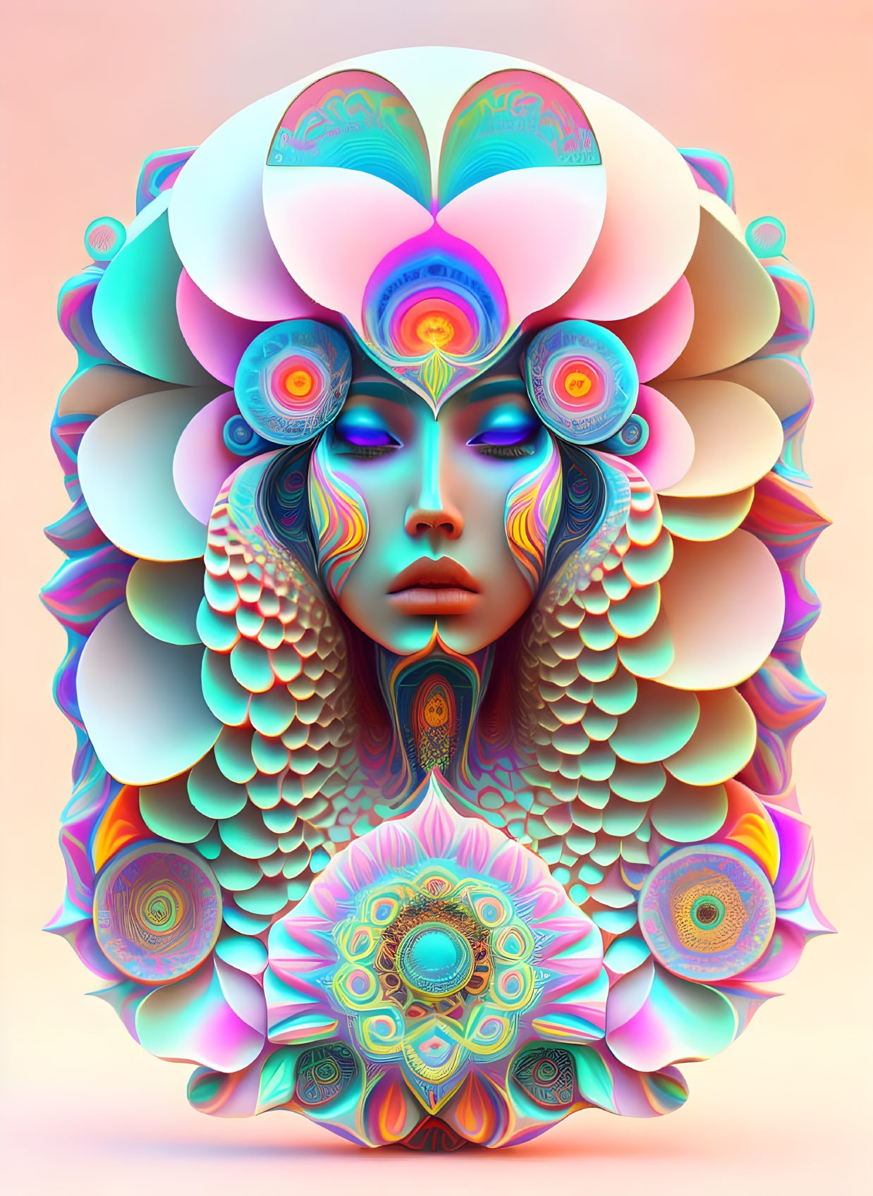 Colorful Surrealist Digital Artwork of Feminine Figure with Feather-like Details