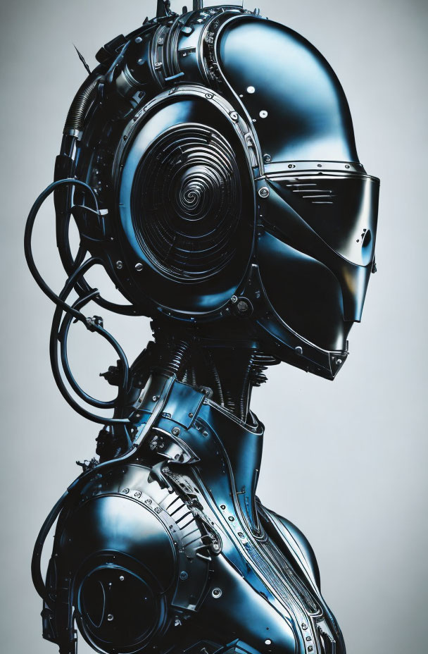 Detailed humanoid robot with circular head feature on grey background