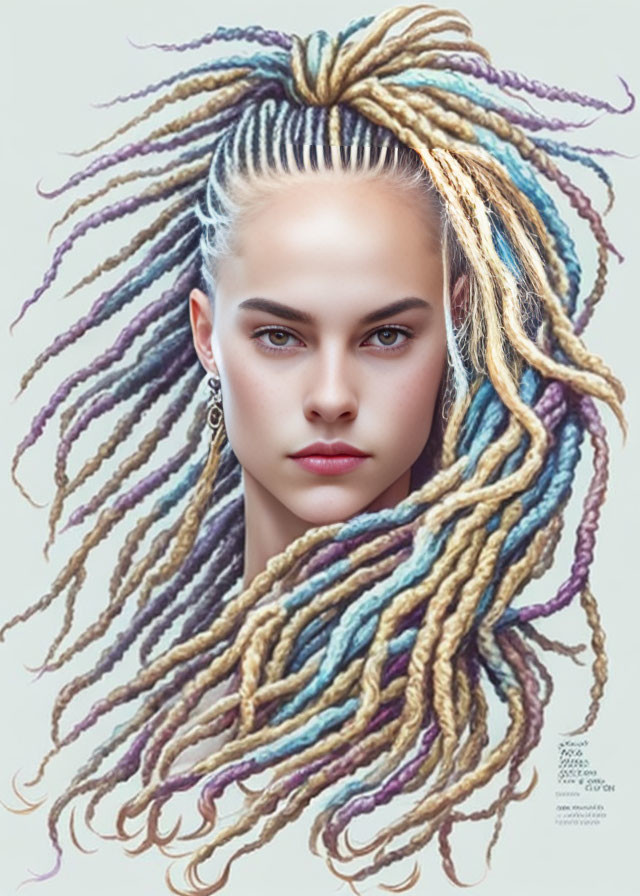 Portrait of Woman with Multicolored Braids and Intense Gaze