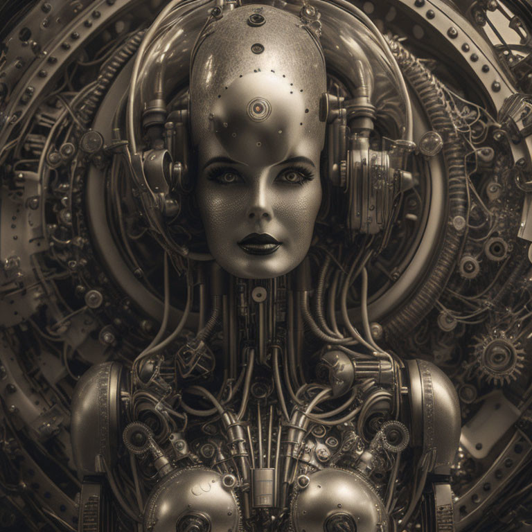 Detailed Female Android with Mechanical Components and Humanoid Face Among Gears