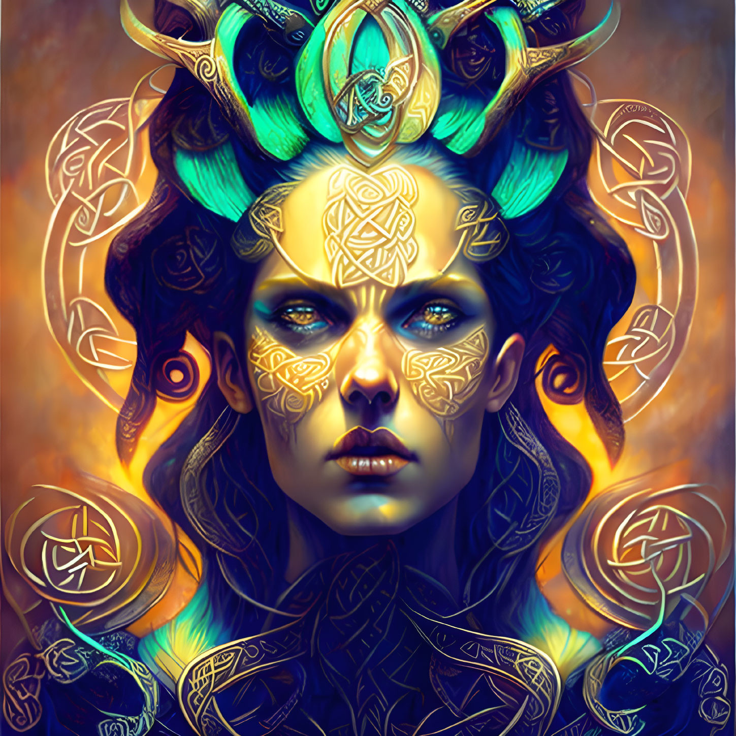 Fantastical portrait of a woman with Celtic-style tattoos and teal headdress in golden aura