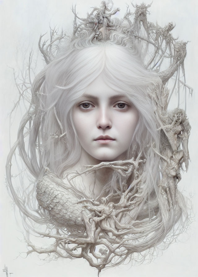 Pale figure entwined in intricate tree roots and branches with flowing white hair