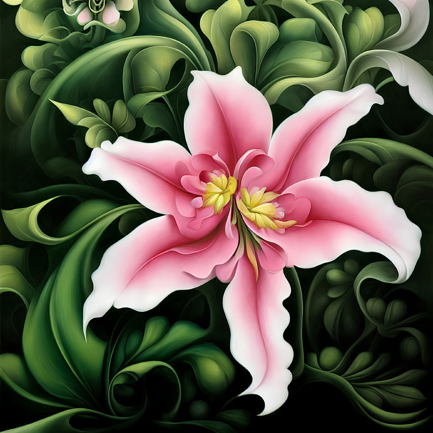 Stylized Pink Flower Digital Artwork with Green Leaves