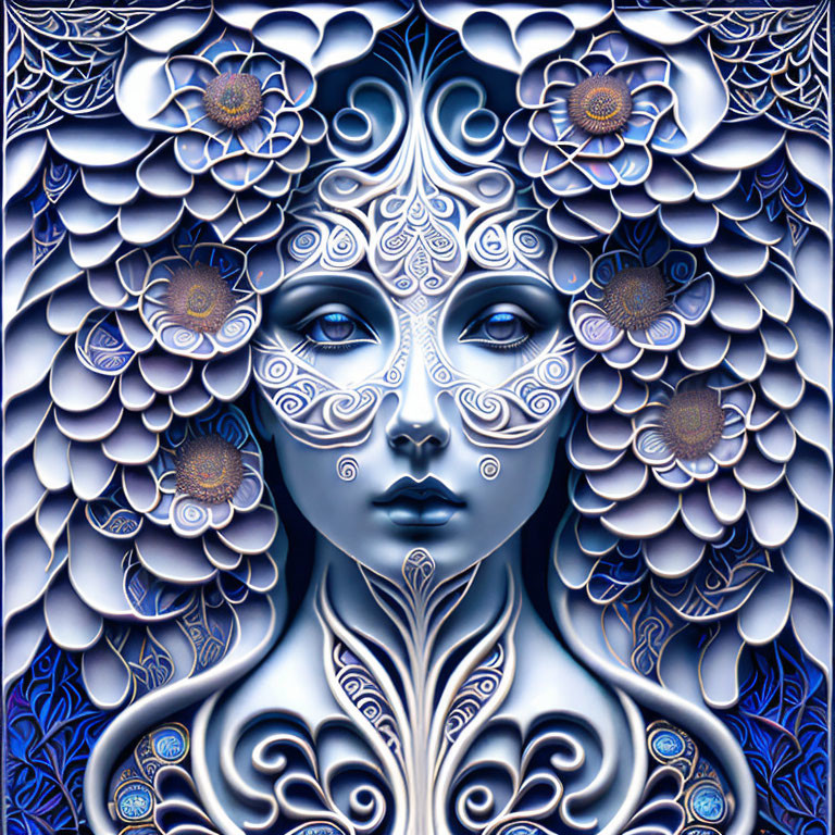 Symmetric Woman's Face with Blue and White Floral Patterns