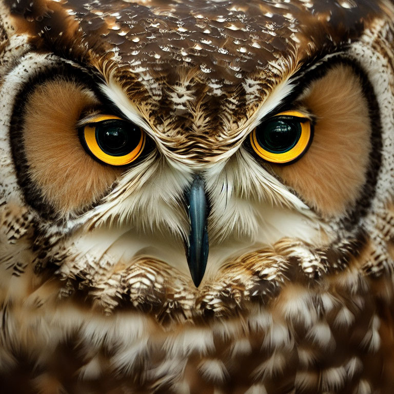 Detailed Close-Up of Owl's Face with Yellow Eyes & Sharp Beak