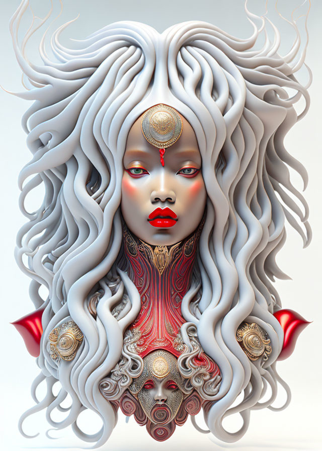 Digital artwork: Female figure with white wavy hair, ornate headdress, red lips, decorative