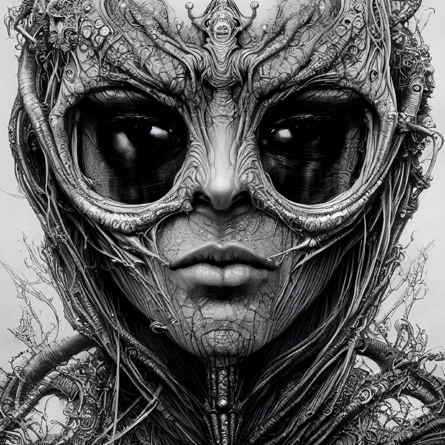 Detailed Monochrome Fantastical Humanoid Face with Dark Eyes