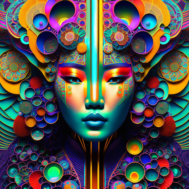 Colorful digital artwork: stylized face with intricate patterns and textures