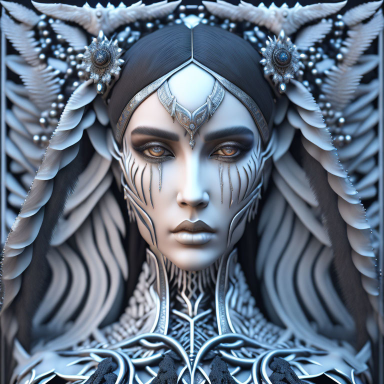 Detailed 3D illustration of person with ornate silver headpiece and jewelry, intricate feather-like structures