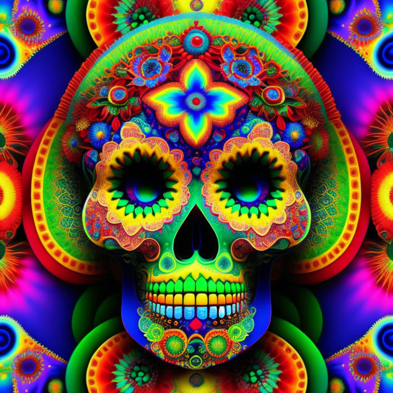 Colorful Psychedelic Skull Art with Floral Motifs & Neon Hues