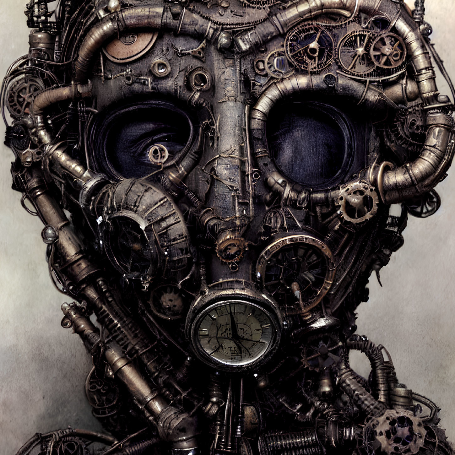 Steampunk-style skull with clock, gears, pipes, and metalwork