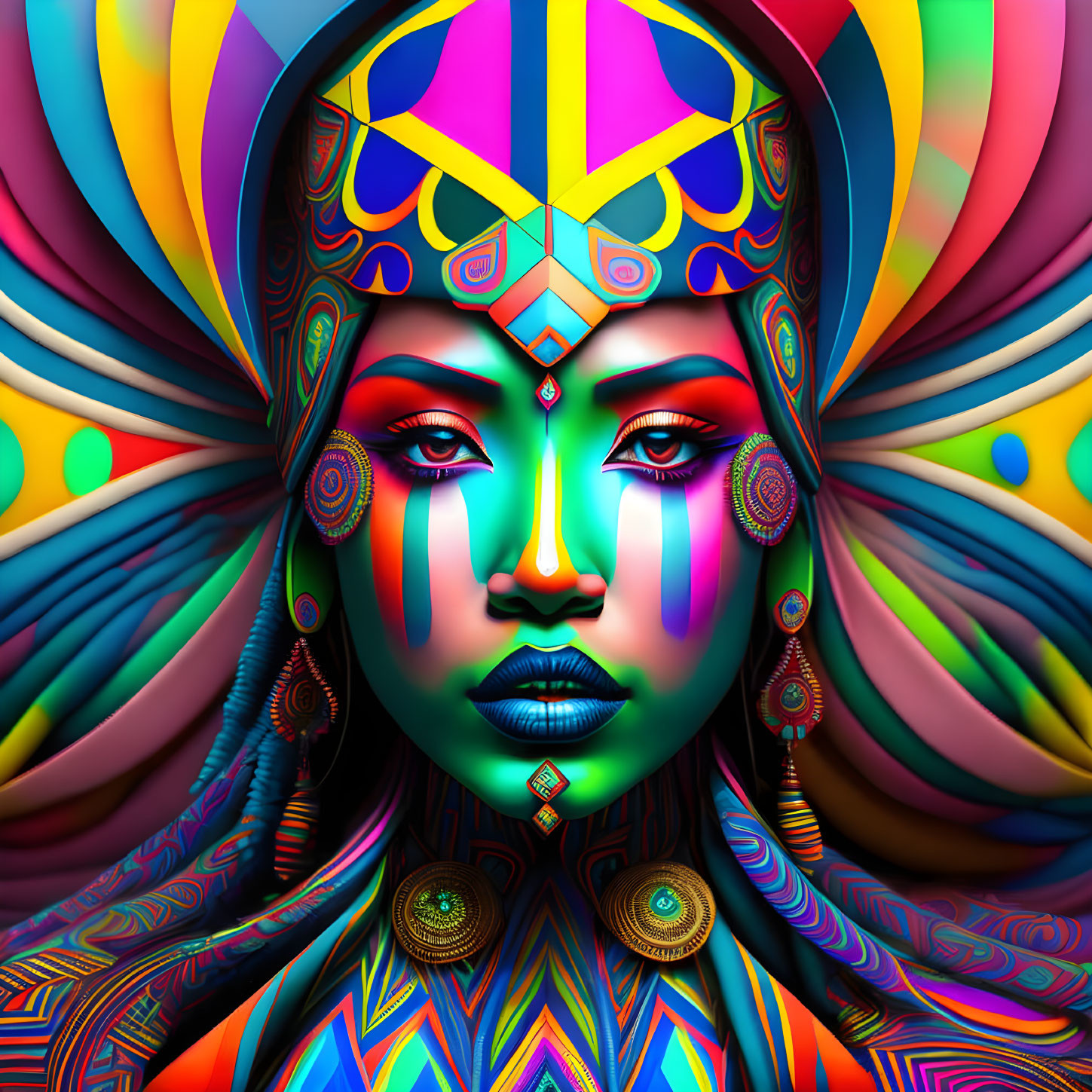 Colorful digital artwork of woman with geometric tribal patterns.