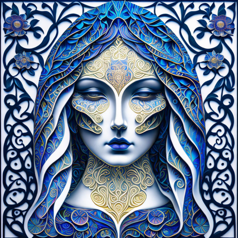 Serene female figure with closed eyes and elaborate blue and gold patterns