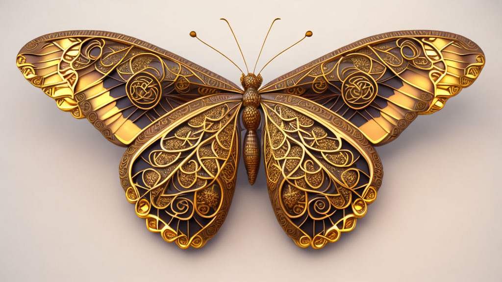 Digital art: Gold and brown mechanical butterfly with intricate wing designs