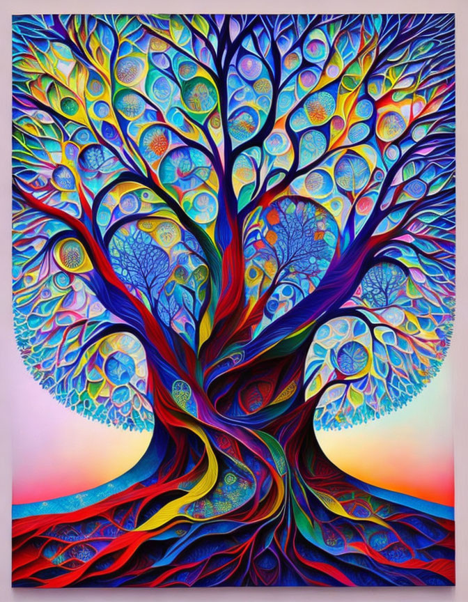 Vibrant psychedelic tree artwork with intricate patterns