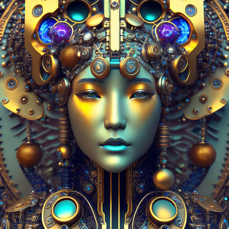 Futuristic digital artwork of female figure with golden headgear and mechanical details