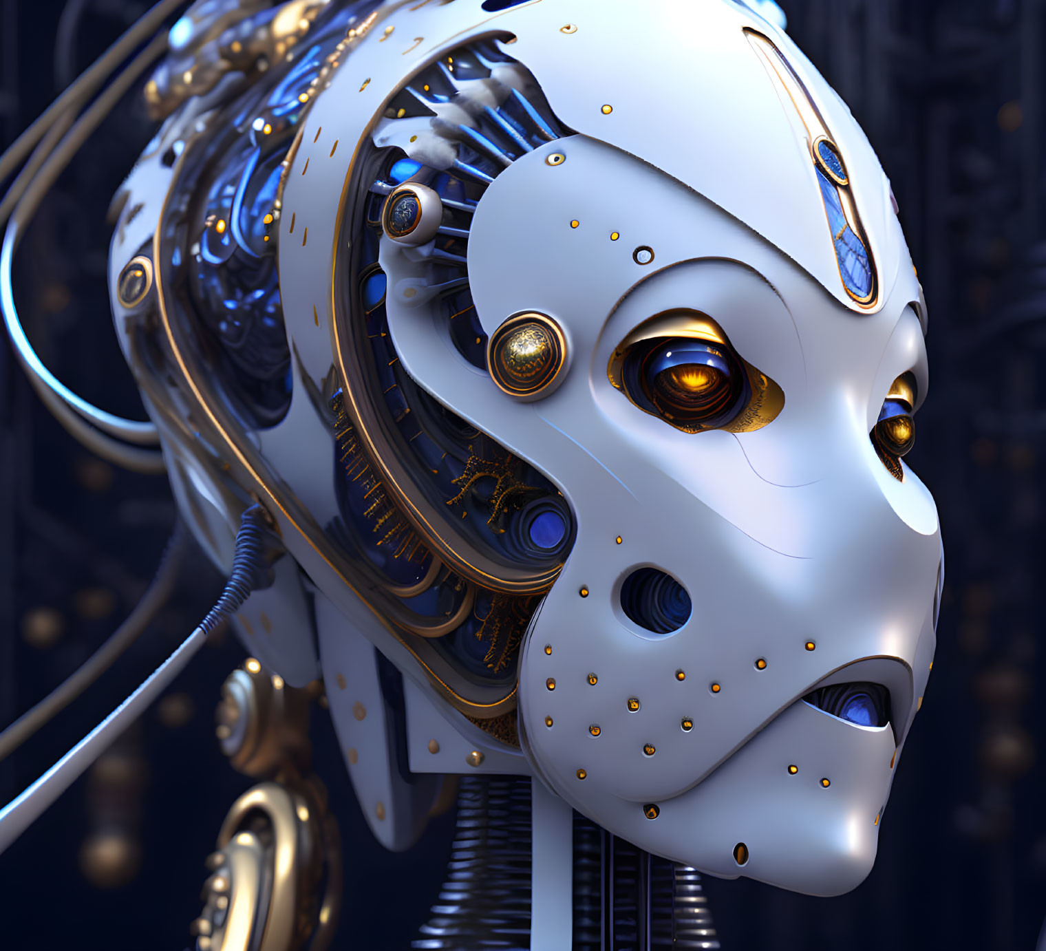 Detailed futuristic robot head with gold and white plating and glowing amber eyes on dark background