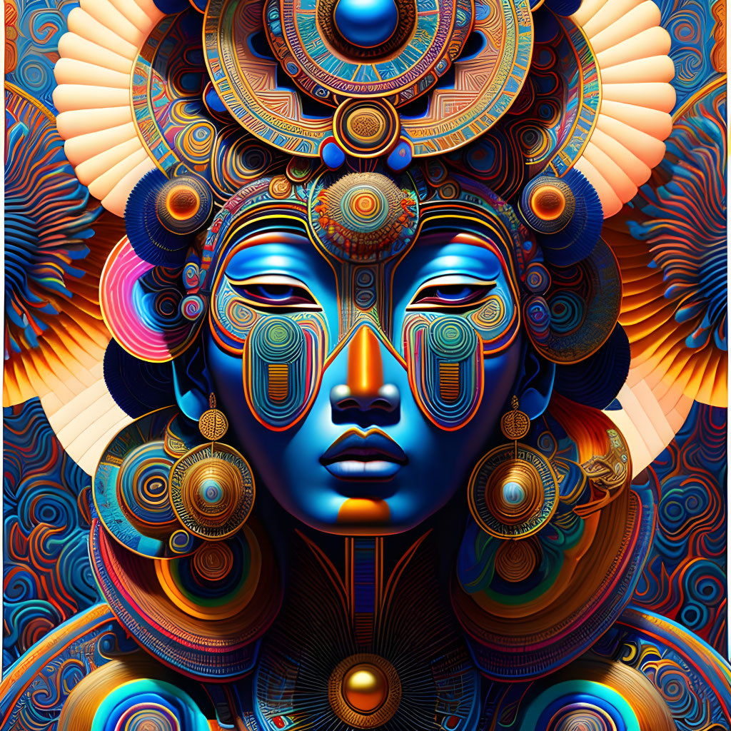 Colorful digital art: Stylized face with intricate patterns and mandala motifs in blue, gold