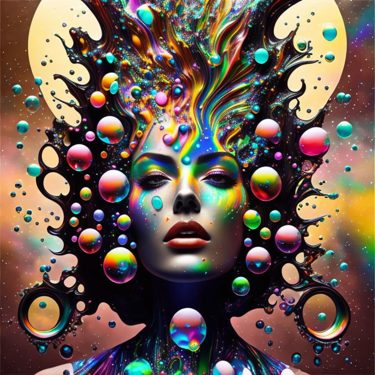 Colorful surreal portrait of woman with cosmic liquid and bubbles on starry backdrop