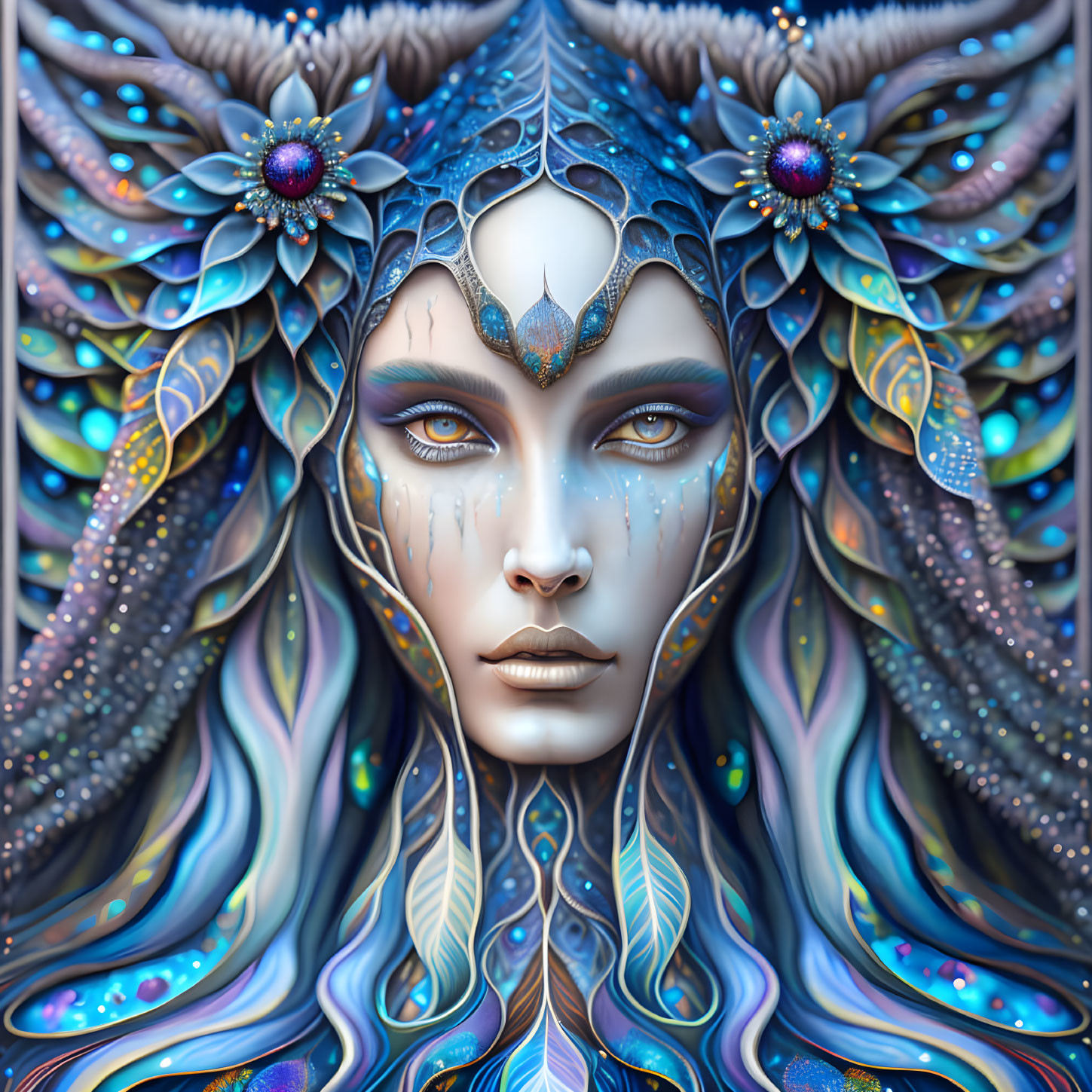 Fantasy portrait of female figure with blue and violet tones and mystical, ethereal appearance