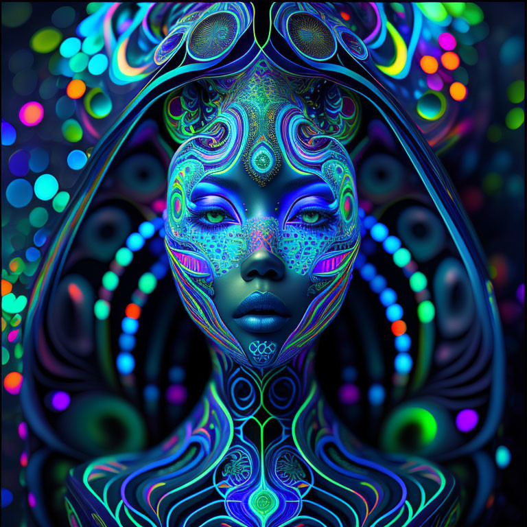 Colorful digital art of woman's face with intricate patterns and neon lights