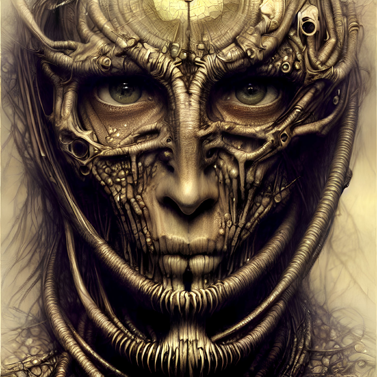 Detailed Illustration of Humanoid Face with Cybernetic Enhancements