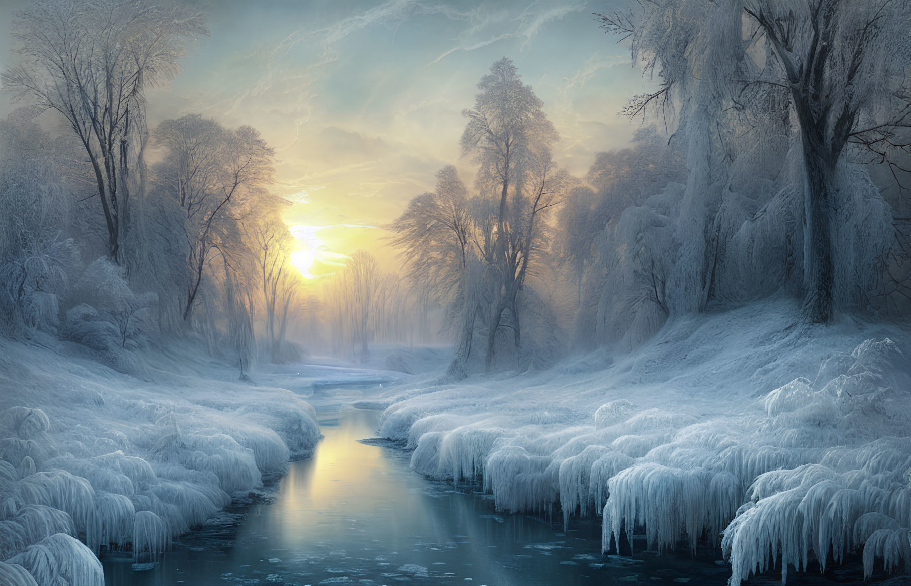 Frozen River and Snow-Covered Trees in Winter Landscape